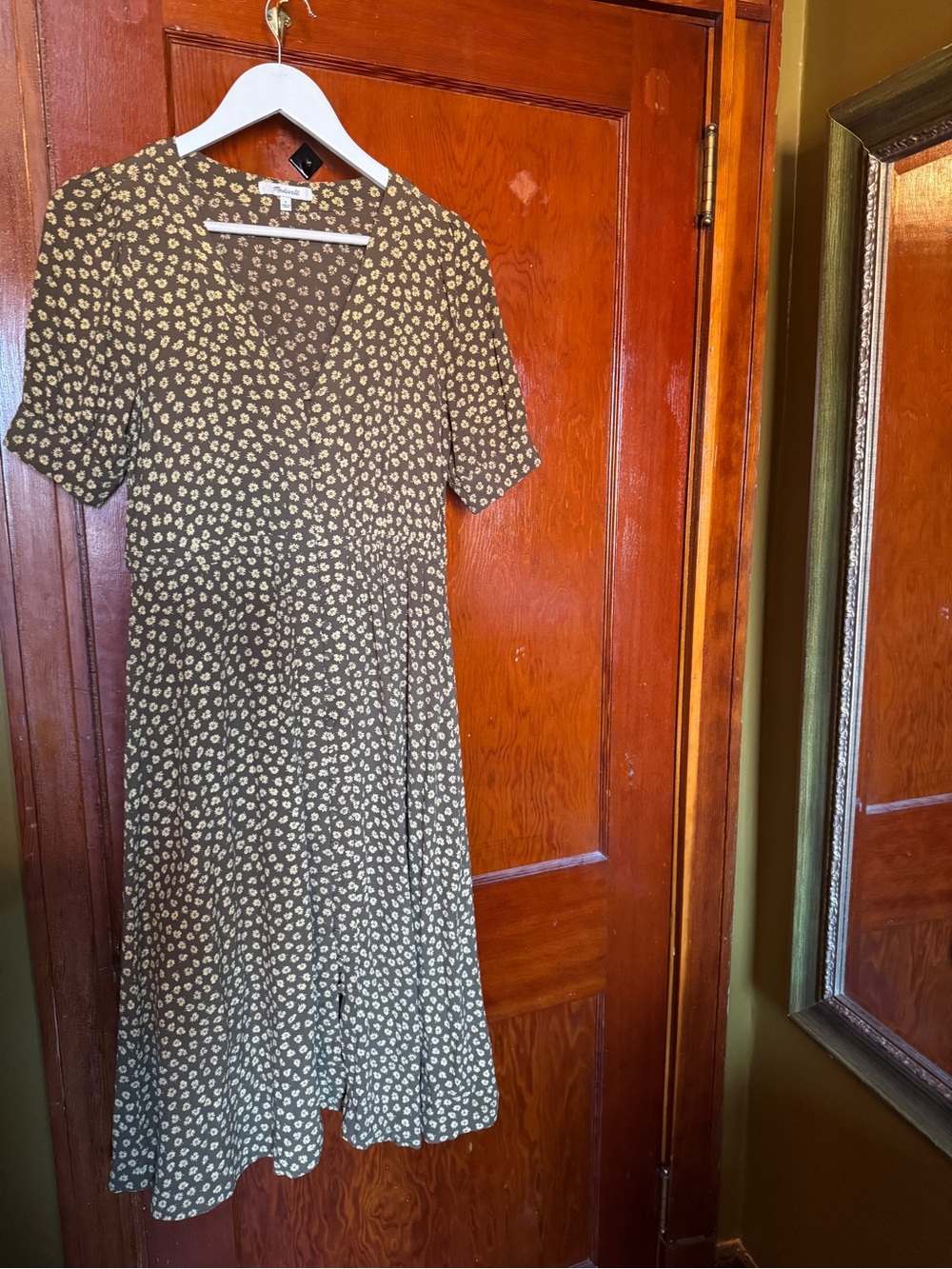 Madewell Olive Green Midi Dress with Cream Daisy Print